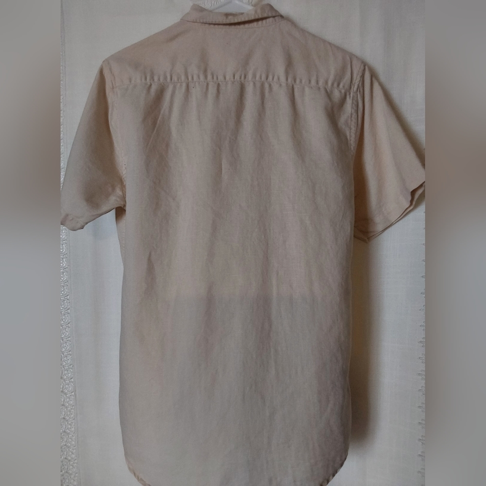 Thrifted Vintage Shirt, Men's Beige Short Sleeve Button up Linen Shirt, Medium - Picture 2 of 6